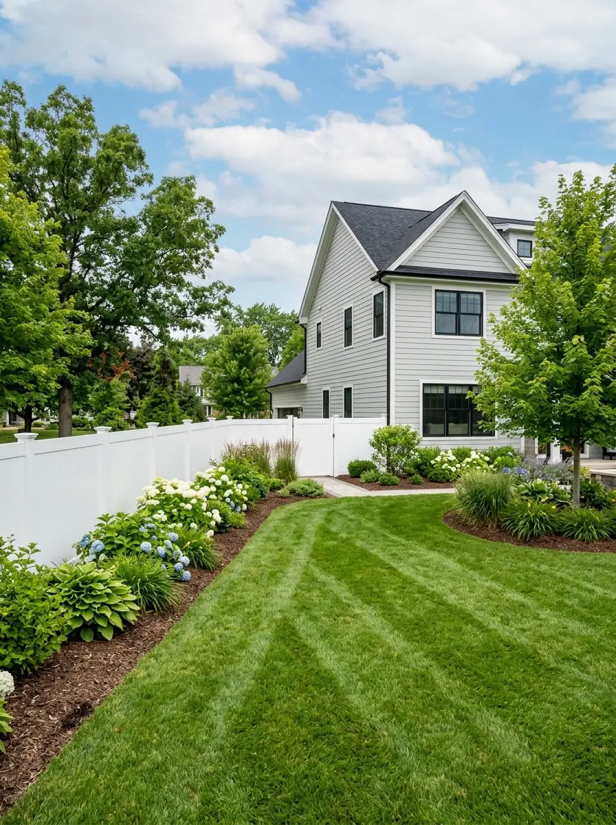 White vinyl privacy fence installed in a Northern Illinois backyard